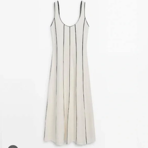 Massimo Dutti Women Linen Blend Two-Tone Strappy Dress in White Black Trim L Nwt - Picture 3 of 8